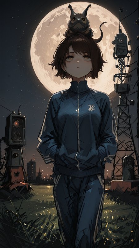 masterpiece, newest,absurdres,incredibly absurdres, best quality, amazing quality, very aesthetic, painterly, volumetric lighting,
1girl,full-length zipper, blue track suit, night, on grass, wavy short hair, brown hair,o3o, hands in pockets, hair slicked back, monster on head, radio tower, full moon, 
 <lora:re4lity:1> re4lity_sync_illu <lora:pikus0n_illu:1> pikus0n_style, sketch <lora:m4chigami_y0h_style:1> m4ch_illu, machigami_yoh_illu, cubism, abstract