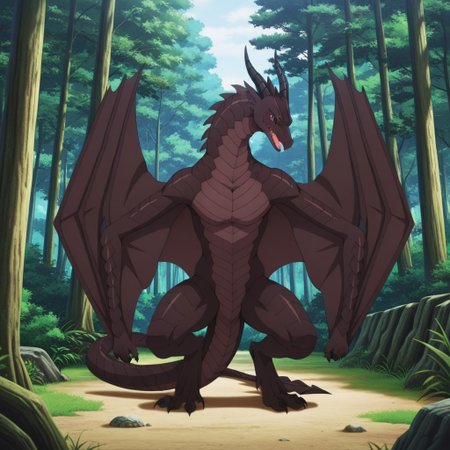 masterpiece, best quality, amazing quality, varneydrgnil, semi-anthro, male, wyvern, black scales, red eyes, pink sclera, winged arms, horns, standing, forest,, full body, , <lora:a11ba60d-108e-4c01-af4d-d39b3c047a4c:0.7>