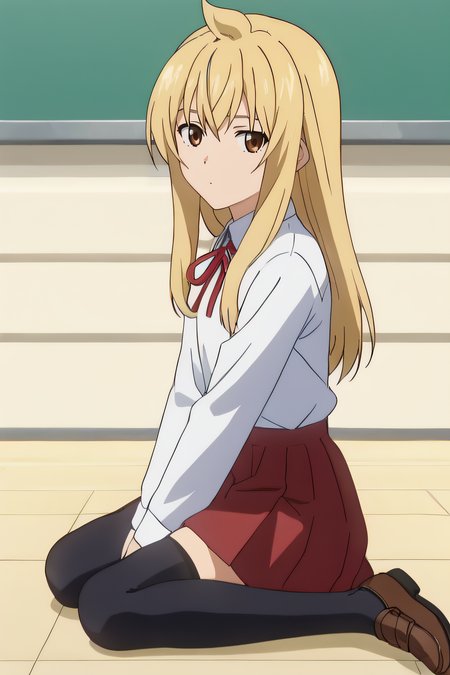 score_9, score_8_up, score_7_up, source_anime, rating_safe, intricate details, anime screencap, official style, 1girl, <lora:Minami_Chiaki:1>, chiaki, blonde hair, long hair, school uniform, white shirt, long sleeves, red knot, red skirt, black thighhighs, looking at viewer, expressionless, indoor, side view, sitting on floor, full body