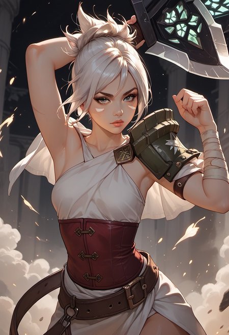 masterpiece,best quality, highly detailed, score_9, score_8_up, score_7_up, score_6_up, score_5_up, score_4_up, ((zPDXL3)), ((zPDXLxxx)), solo, rvn, white hair, short hair, ponytail, rvn, short hair, ponytail, facial mark, eyeshadow, top, criss-cross halter, single pauldron, shoulder armor, single glove, bandaged arm, corset, belt, skirt, single greave, (huge weapon, sword, broken weapon, magic), ((action pose)), (tanned skin), Expressiveh, 30yo, adult lustful confident woman, petite, slender body, perky saggy natural breasts, full lips, bangs, sidelocks, straps,
chinese magical sorceress, animated, swirling magic, wisps of magic, dancing pose, tight squeezed outfit, magical accessories, evoking motion, conveying motion, dynamic splash art