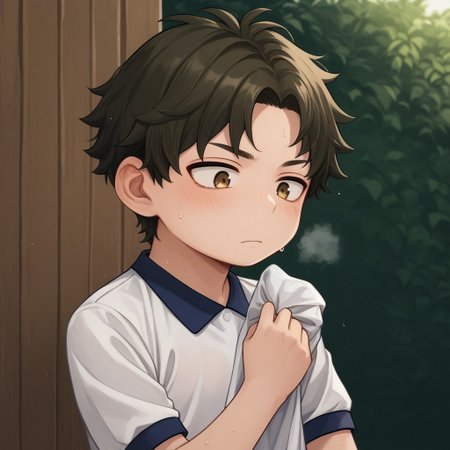 score_9, score_8_up, score_7_up, source_anime, highly detailed, cute boy, 1boy, solo, young, damian desmond, short hair, brown hair, brown eyes, gym uniform, white polo, short sleeve, black gym shorts, sweaty, wiping brow, breathing heavy