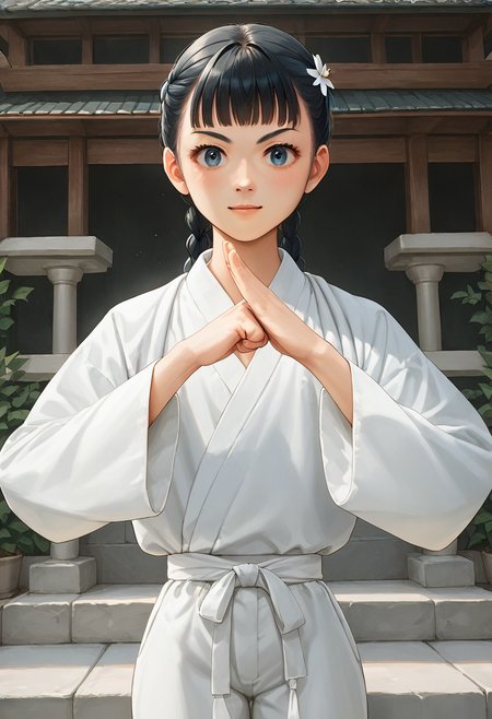 (fist-palm salute:1.5), score_9, score_8_up, score_7_up, source_anime, ultra detailed, 
Generate a picture of a girl making fist-palm salute in a big garden in front of a big traditional Chinese building,  (fist and palm folded in front), (hands together), front view,  she is wearing a yin_yang_print robe, white pants, barefoot, looking at viewer seriously with light smile,
The girl has black hair which is made into twin braids  with bangs, wearing hair ornament and hair flower, yellowish skin, flat chest, slender body with narrow waist, round face with light blue eyes.
  ,
 <lora:saten-ruiko-ponyxl-lora-nochekaiser:1>,<lora:fist-palm_salute_Pony-000008:0.8>