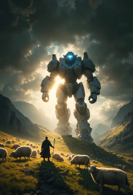 A fantasy landscape with a colossal and gigantic mech figure towering over a shepherd and his sheep. The lighting is dramatic, casting long shadows over the scene. Use a dark color scheme to create a sense of foreboding., <lora:MJ52:0.3>, <lora:MJ52_v2.0:0.7>, <lora:add-detail-xl:1>