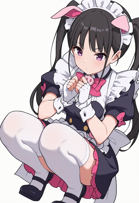 Smooth Quality,masterpiece,very intricate, high quality details, ultra realistic, high detailed skin,detailed enviorement,absurdres,
 <lora:Hiiragi_Yume_Yumechi_CNR:1> hiiragi_cnr, black hair, long hair, twintails, purple eyes,fake animal ears, pig ears, hiiragi_maid_cnr,maid, maid headdress, maid apron, frilled apron, black dress, puffy short sleeves,white thighhighs, black footwear,fingerless gloves,white wrist cuffs,pink bowtie, frills,, simple background, white background, dutch angle,solo,
crouching, hands together, foot forward, intense, ready,  ,, uwu,