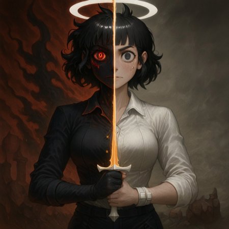 masterpiece, best quality, newest, absurdres, highres, 
DUSV1.0, split screen, split theme, dual persona, transformation, dark persona, holding sword, sword, holding weapon, holding, weapon,
1girl, azazel (helltaker), short hair, black hair, halo, white shirt,