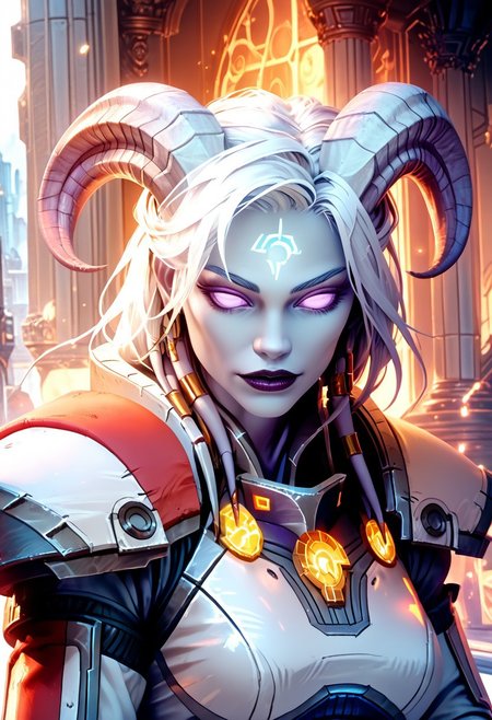 (absurdres, best quality, masterpiece:1.4), score_9, score_8_up, score_7_up, score_6_up, detailed, detailed body, detailed face, world of warcraft, fantasy, <lora:add-detail-xl:1.5>, 
fFaceDetail, SkinDetail, fFaceDetail, (female, draenei, h0rns, ram horns, white horns, tall, pale white skin, long white hair, purple eyes, no pupils, no sclera),
n7 armor, 
alone, upper body, 
spaceship interior background
