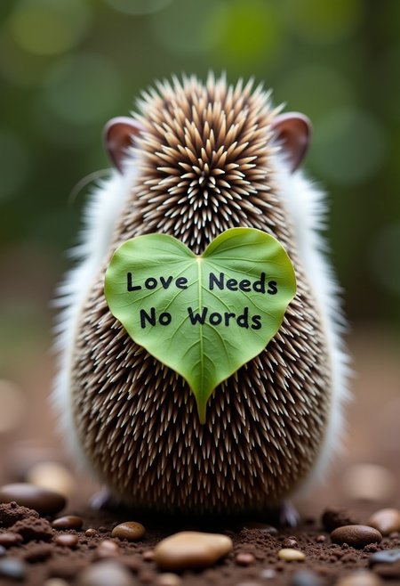 8k photo, A hedgehog's back view, a hedgehog with a heart-shaped leaf on its back, “Love Needs No Words” in gentle writing on the leaf, aidmaTextImprover,