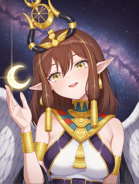 white feather wings,maiden of the millennium moon,1girl,solo,holding crescent,gold earrings,light smile,looking at viewer,upper body,starry sky background,gold armlet,gold bracelet,gold hair tubes,gold headdress,white egyptian dress,crescent,open mouth,head tilt, upper teeth only, 
masterpiece,best quality,amazing quality,very aesthetic,absurdres,newest,<lora:Maiden of the Moonlight & Millennium Moon illusXL v1.1:0.74>,