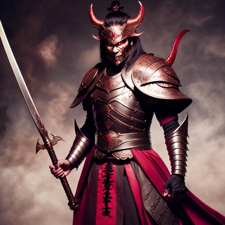 photo, a demonic looking man in armor holding a sword (FantasyDaimyo style:1)  <lora:djzFantasyDaimyoV21:0.8>