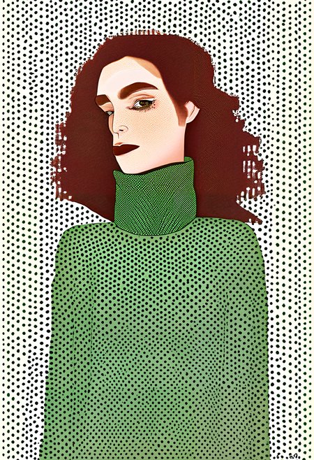 Pointillist style with small, distinct dots of color that blend together to form an image, ( 1girl, solo, expressive, hearts, dynamic, brown hair, brown eyes, pale skin girl, pale skin, freckles, green turtleneck, cozy, blush, in_office, looking_longingly, seductive, sexy_woman, small dots, distinct, blend together, dotted, intricate, optical illusion, vibrant, detailed