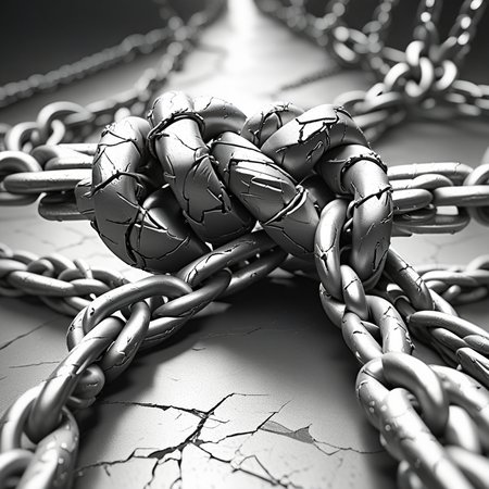 blurry, gradient, no humans, broken, blurry background, greyscale, black hair, chained, crack, simple background, restrained
