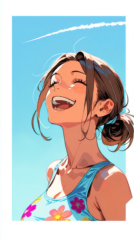 masterpiece, newest,absurdres,incredibly absurdres, best quality, amazing quality, very aesthetic, (simple light blue background), 
1 girl, mature woman, colorful print, school swimsuit, ocean, white border,portrait, laughing, brown hair, wide ponytail, contrail, 
 <lora:Neg4tive_sp4ce:1><lora:S4bit4mago:1> <lora:RealisticAnime:1>