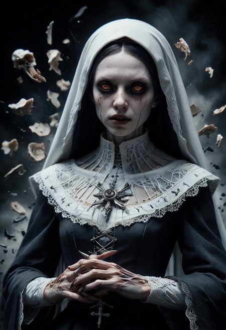 Horror-themed Victorian era, Victorian style,  elegant, soft scattered light, soft volumetric light, (dramatic light:1.2), (neutral colors:1.3),  famous artwork, (dramatic scene:1.1), (fractal art:), fantasy style, dynamic angle,
Haunted nun, pallid porcelain skin, obsidian eyes, tattered and torn Victorian attire :: in a macabre, Tim Burton-esque world with eerie ambient lighting, a blend of horror surrealism and gothic anime, head tilted to the side, indicating thoughtfulness, Fearful, Wide-open eyes, a furrowed brow, and a slightly open mouth.
 <lora:add-detail-xl:3> <lora:WB2.2:.4> <lora:ral-vlntxplzn:.8> ral-vlntxplzn . Eerie, unsettling, dark, spooky, suspenseful, grim, highly detailed
