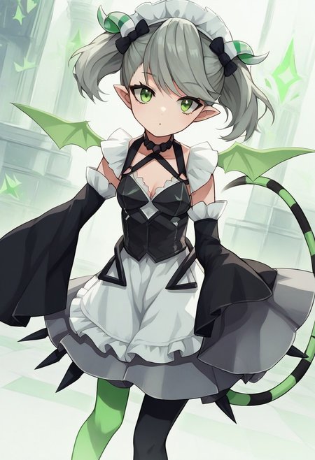 score_9,2d,source_anime,masterpiece,dutch angle,ygoarianna, 1girl, green eyes, green wings, green tail, green horns, green/black thighhighs, detached sleeves, maid, pantyhose, twintails,bent forward, looking at viewer, from front