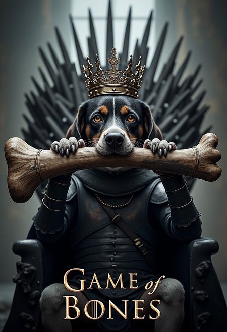 close up cinematic photo, a text title movie poster "Game of Bones", a dog with a giant bone in its mouth, wearing medieval armor, crown, sitting on a iron throne, light fog, highly detailed, parody movie poster, a digital movie poster illustration, game of thrones