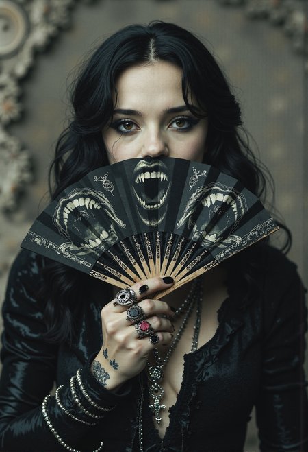 Manga style (amazing transcendental's dream:3.5). The image depicts a commanding gothic sorceress, her face partially hidden as she holds an intricately designed fan delicately before her mouth. The fan features a grotesque black-and-white image of a wide-open demonâs maw, perfectly aligned to give the chilling illusion that it is her own mouth. Her pale, slender fingers clutch the fan with grace, adorned with silver magical rings inset with dark gemstones like onyx and amethyst, while faintly glowing tattoos snake along her hand, pulsing with mysterious energy. She is clad in an exquisite black velvet gown embroidered with intricate occult patterns that shimmer faintly.  Her long, dark hair cascades around her face, accentuating her glowing, enigmatic eyes shaded with bold, dark makeup. Around her neck, large silver necklaces dangle with pendants bearing crosses and arcane symbols, enhancing her mystique. The swirling, misty background is alive with dancing shadows, intensifying the eerie and otherworldly ambiance. Rendered in maximum ultra-high-definition quality with ultra-detailed textures and a vibrant, iconic Japanese comic style, the scene features realist side lighting and subtle, dynamic special effects to bring the chilling composition to life. <lora:Movie_Portrait.safetensors:0.8>,  <lora:- Flux1 - soothing_atmo_V2.0.safetensors:0.4>,  <lora:lith_mimosa_kiel_grw134_FLUX.safetensors:0.7>,