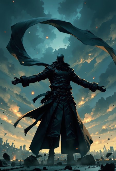 Nistyle, This image is a digital drawing in a manga/anime style, depicting a dramatic, action-oriented scene. The artwork features a lone figure standing against a backdrop of a stormy sky. The figure is a male character, shown in silhouette with no discernible facial features, wearing a long, flowing coat with a hood, and a scarf or scarf-like garment that flutters dramatically behind him. His arms are outstretched and his fists clenched, indicating a sense of determination or aggression. 
Mythp0rt.