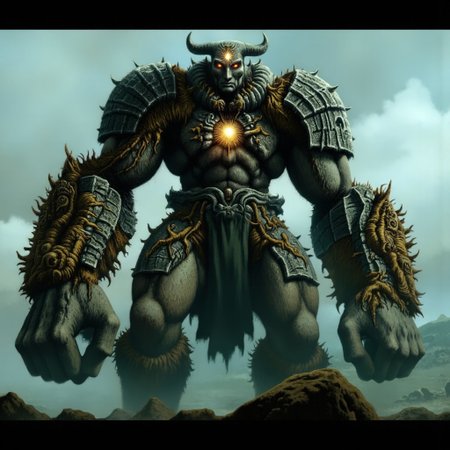 first person pov, 3D01S, simple background atmospheric and powerful dark fantasy, natural organic and first person pov of a 
A towering Golem, crafted from ancient stone and animated by arcane magic, stands as an imposing figure of power. Its body is made of jagged, weathered stone, with cracks glowing faintly from the magical energy flowing through it. Veins of moss and dirt cover parts of its massive form, giving it an ancient, earthy appearance. The golem's muscular arms and legs add to its brutish stature, each step heavy and deliberate, shaking the ground beneath.
Its face is featureless except for glowing hollow eye sockets. Armor-like stone plates cover its body, with bronze or gold accents hinting at its regal, ancient origin. Growing from its back are small, twisted statues or faces, remnants of cursed spirits or multi-consciousness trapped within.
The golem's fists are enormous, capable of crushing anything in their path, sometimes wielding a sharp, curved obsidian blade. A glowing symbol on its forehead or chest signifies the source of its life, tied to an ancient deity or magic. Its slow but powerful movements radiate unstoppable force, making it an awe-inspiring, dangerous guardian of sacred grounds.
UHD letterboxed game trailer frame chromatic aberration dark atmosphere sharp masterpiece with a focus on the character, elden ring style, dark atmosphere, chromatic aberration