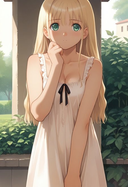hortensia,score_9,score_8_up,score_7_up,source_anime,best quality,masterpiece,super fine illustration,1girl,solo,adorable_girl,very_long_hair,shy,loose_sundress,very_long_sundress,outdoors_light,cowboy_shot,looking_at_viewer,Hand