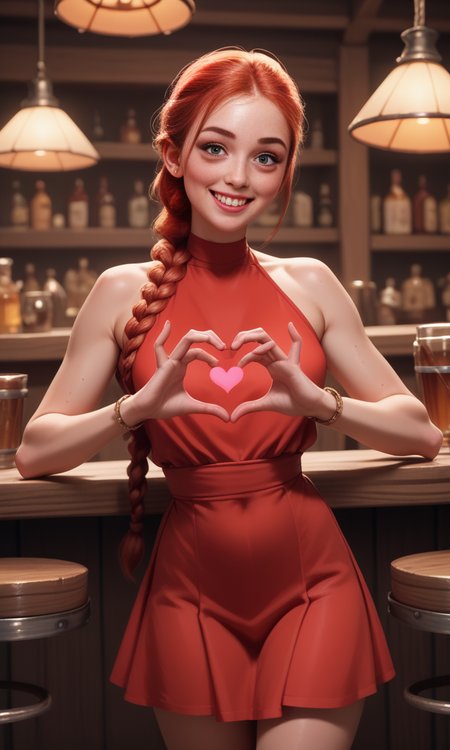 score_9, score_8_up, score_7_up, score_6_up, score_5_up, score_4_up,  slim girl in a pub  ,  fiheartcl,  making heart with hands, red short dress  , a blond braided ponytail    <lora:FingerHeartPony:.8>
