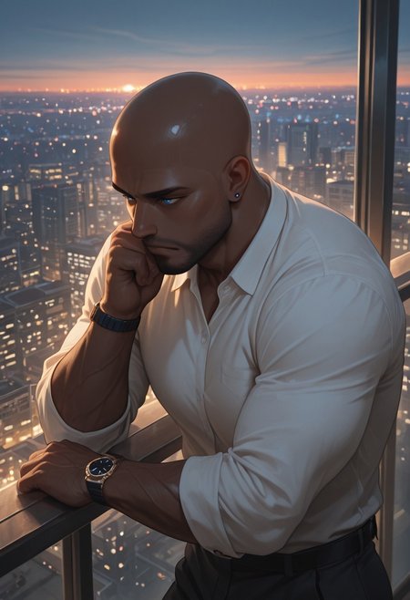 masterpiece, best quality, amazing quality, absurdres, newest, detailed background, definition so sharp, Ultra-HD, 8K cinematic, very awa, impressionate, amazing quality, highres, 
1boy, mbti_estj, muscular man, mature man, bald, dark skin, facial hair, blue eyes, watch, solo, balcony, city lights \(bokeh\), twilight, soft ambient light, overlooking cityscape, pensive, relaxed, smart casual, warm atmosphere, tranquil urban, high quality, atmospheric, aesthetic