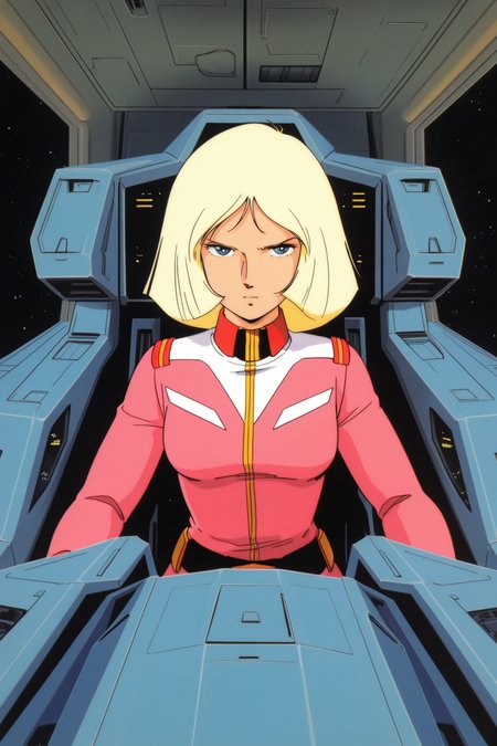 masterpiece, best quality, amazing quality, absurdres, saylamass79, blonde hair, solo, serious, confident, pink military uniform, large breasts, upper body, indoors, spacecraft, cockpit, science fiction, retro artstyle