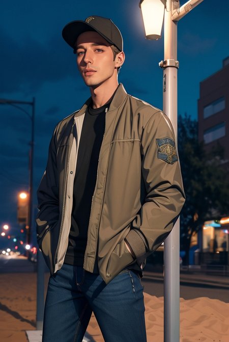 (masterpiece, best quality, high quality, highres, ultra-detailed), city, scenery, night, building, sign, cityscape, pantyhose, skyscraper, street lights, 
solo, 1boy, gray eyes, short Crew Cut, sand blonde hair, triangular face, looking at viewer, outdoors, hands in pockets, khaki jacket, black  loose jeans, black baseball cap, 
AS-Adult, Asian-Less, OverallDetail,