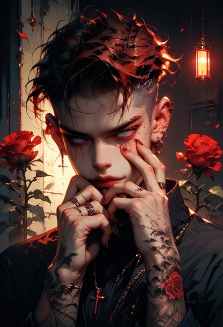 embedding:urn:air:sd1:embedding:civitai:222256@250708, score_9, score_8_up, score_7_up, masterpiece, ultra-realistic 8k, (best quality), (lots of details), (intricate details), (male focus), (cowboy shot), muted colors, 1 adult boy, leaned toward the viewer, (tattoo:1.2), masculine, (muscule:0.5), scratches, blood, naked, perfect hand, perfect fingers, hair slicked back, (short hair), (undercut hair), (smirk, happy:0.5), seductive, (red fabric, red drapery), looking at viewer, vines, roses, petals, night, neon light, highres textures, Expressiveh, concept art, realistic, d4rkv1b3, g0thicPXL, glowing, neon, dark theme