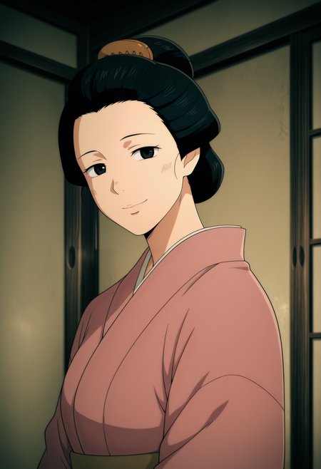 1girl,solo,mm,mature female,black hair,black eyes,single hair bun,hair ornament,anime coloring,
japanese clothes,pink kimono, upper body, looking at viewer, smile,indoors,ryokan
,masterpiece,best quality,amazing quality,<lora:Hatago_Maid-Thermae_Romae_Novae:0.8>