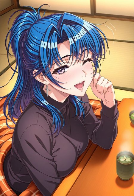 masterpiece, best quality, newest, highres, uncensored, 1girl, yokota mamoru style,1girl, slender face，motion lines,blush,torogao,looking at the viewer,seductive smile
Kouno Asami,Blue Hair, Curtained Hair, Long Hair, Ponytail, Spiky Bangs, Straight Hair,Blue Eyes,Medium Breasts, Slim, Cross Earrings
1girl,solo
1girl, solo, one eye closed, smile, blush, table, cup, tatami, open mouth, ;d, kotatsu, purple eyes,green tea, looking at viewer, mole, hair intakes, indoors, tea,
