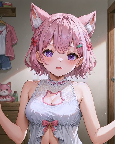 <lora:HOLOLIVE_Hakui_Koyori_XL:0.7> hakui koyori, purple eyes, pink hair, bangs, crossed bangs, hair between eyes, ahoge, braid, hair ornament, animal ears, animal ear fluff, tail, short hair, hairclip, ribbon, bare shoulders, sleeveless, clothing cutout, cleavage, cleavage cutout, sleepwear, white sleepwear, frills, navel, stomach, upper body,, <lora:9_Detail_Tweaker_XL:0.8>, score_9, score_8_up, score_7_up, source_anime, masterpiece, best quality, highly detailed background, cinematic lighting, detailed eyes, perfect face,, lazy, teenager room, messy, bedroom, bed sheet, closet,