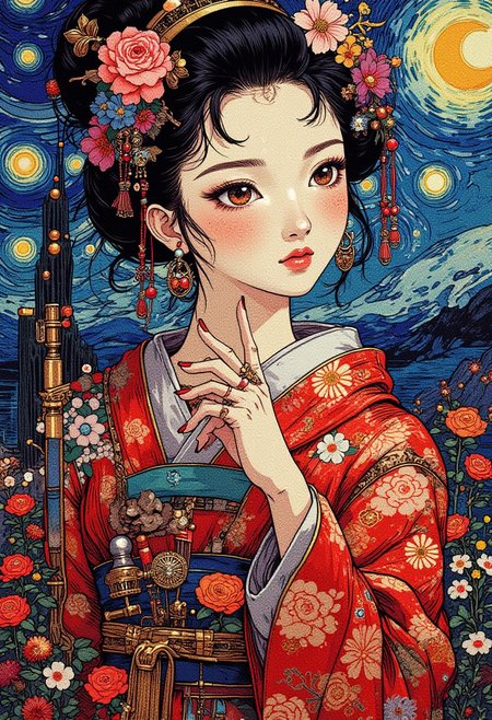 Hyperreal masterpiece blending vibrant colors and intricate details, inspired by Van Gogh, Craola, and Japanese art. A dreamlike, elegant portrait A digital artwork in the style of cknc,