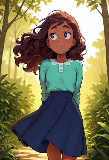 masterpiece, best quality, very aesthetic, absurdres,  cartoon, 1 girl, solo, Connie_Maheswaran, dark-skinned, long hair, wavy hair,  brown hair, black eyes, teal blouse, blue skirt, smile, on the nature, wind, hands behind body, 
 <lora:Smooth_Booster_v2:0.3>, <lora:Connie_Maheswaran_SU__Illustrious:1>, <lora:TheOtherHalf_pXL:1>