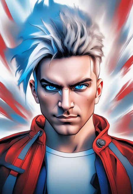 Duskfallcrew Art Style, solo, blue eyes, shirt, 1boy, white background, blue hair, jacket, male focus, open clothes, pants, hood, hair over one eye, red jacket, grimace, frustrated look,  masterpiece, official art, best quality,