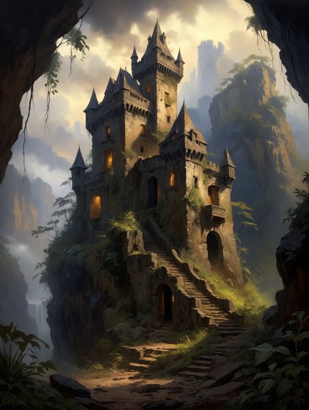 oil painting, An old castle, half overgrown by wild jungle, perched above a hidden cave, creepy roots, sinister grimaces in the rocks,  dramatic clouds, mysterious, hazy, dusty, mystical,  gloomy,  dusty, dramatic light,  34K uhd, masterpiece, high detail, 8k, intricate, detailed, high resolution, high res, high quality, <lora:add-detail-xl:1.8>, highly detailed, Extremely high-resolution details, fine texture, (darkness:2.0),