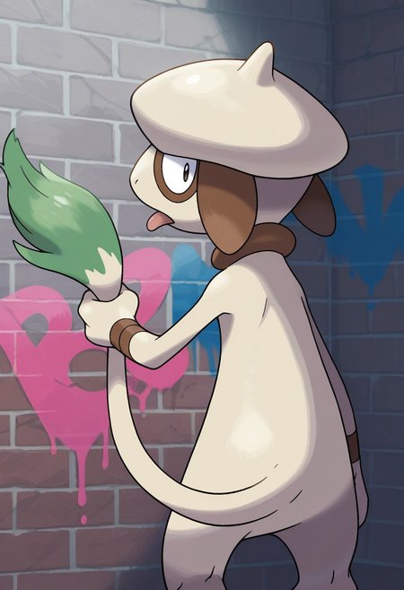 sugimori ken, pokemon, official art, 
best quality, masterpiece, amazing quality, very aesthetic, absurdres, 
solo, no humans, furry male, 
male focus, animal focus, 
cowboy shot, from behind, 
smeargle, pokemon \(creature\), feral, 
holding, tail grab, painting \(action\), paint, 
looking back, tongue, 
outdoors, brick wall, graffiti