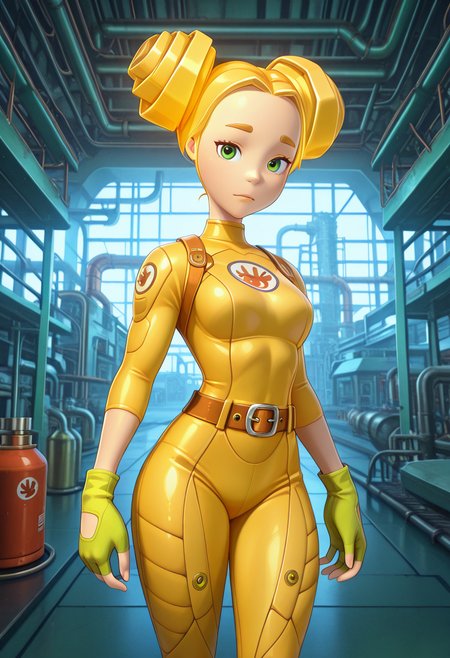 Graphic Design, color art, vibrant colors, colorful, intricate details, high contrast, detailed background, beautiful detailed, beautiful face, detailed eyes, detailed face, new, 1girl, solo, shpulya, yellow hair, double bun, green eyes, gloves, fingerless gloves, bodysuit, yellow bodysuit, belt, (athletic:1.3), looking at viewer, factory, (masterpiece, best quality, newest, recent, absurdres),