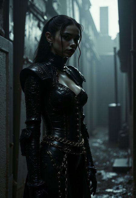 Gothic-inspired art featuring a figure in detailed, medieval-style armor with gold accents, standing in a dark, moody cyberpunk cityscape. The high contrast and dramatic lighting create a richly textured, atmospheric scene, with sharp shadows and intricate details. The composition is captured with no depth of field, ensuring every element is sharply defined.