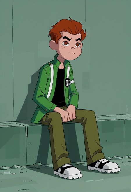 JimmyJonesOV, 1boy, solo, reddish-brown hair, reddish-brown eyes, green jacket, black shirt, olive green pants, black and white shoes