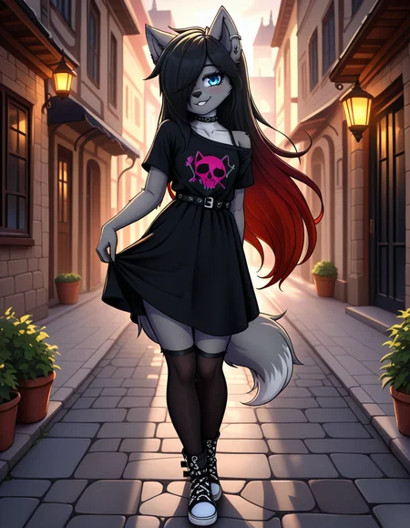 masterpiece, best quality, very aesthetic, absurdres,
outdoors,
full body,  body, standing, posing, 
goth fashion, 
 seductive smile, parted lips, long eyelashes,
<lora:Kayla_Kitsune_v01_NAIXL:1>
K41l4,1girl,solo,furry,furry female,long hair,multicolored hair,black hair,red hair,gradient hair,hair over one eye,animal ears,earrings,blue eyes,freckles,snout,animal nose,choker,body fur,wolf tail,