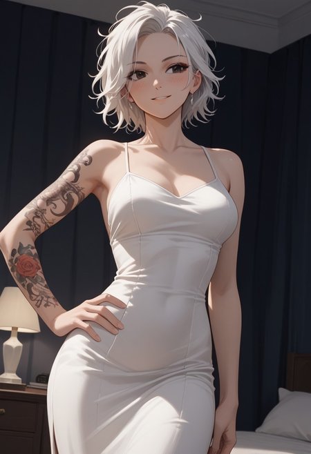 score_9, score_8_up, score_7_up, 26 years old,, zPDXL3, 1girl, solo, medium breasts, white hair, 
(face focus:1.2), eyeshadow, tattoo on arm,,
black eyes, medium hair, messy hair, dutch angle, blush,  looking away, hand on hip, white dress, evening dress, (smile:0.9),
 indoors, wardrobe, standing, night, relaxed, bedroom