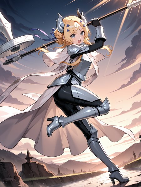 dogmatika ecclesia the virtuous, 1girl, solo, staff, open mouth, holding staff, full body, silver armored boots, outdoors, gold forehead mark, blue hairclip, black full bodysuit, blue hair ribbon, looking at viewer, standing, silver hair ornament, white cape, silver armor, silver breastplate, silver shoulder armor, silver armored gloves, white waist cape, cloud, light rays, fighting stance, standing on one leg, 
masterpiece,best quality,amazing quality,very aesthetic,absurdres,newest,<lora:Dogmatika Fleurdelis & Ecclesia the Virtuous illuXL v1:0.75>,