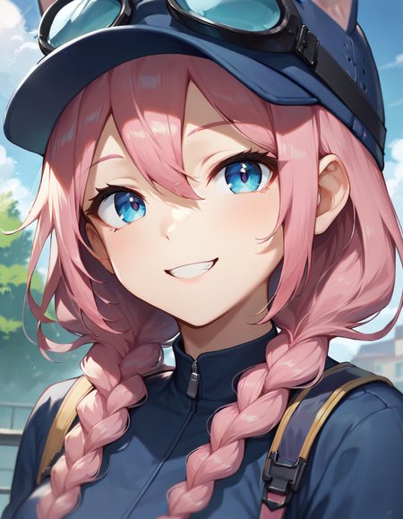 score_9,score_8_up,score_7_up,score_6_up BREAK official art,solo,outdoors,smile,upper body,(portrait:2),cheek-to-cheek,looking at viewer,facing viewer,(petite:1.5),Steam Delivery Girl,cat hat,baseball cap,blue headwear,goggles on headwear,medium hair,pink hair,twin braids,hair over shoulder,hair between eyes,parted bangs,blue eyes,blue jacket,medium breasts,puffy long sleeves,black gloves,fingerless gloves,denim shorts,thigh strap,grey socks,sneakers,black footwear,<lora:Steam Delivery Girl(steam)-Pony:1.2>,<lora:Smooth Anime Style LoRA XL:0.8>,