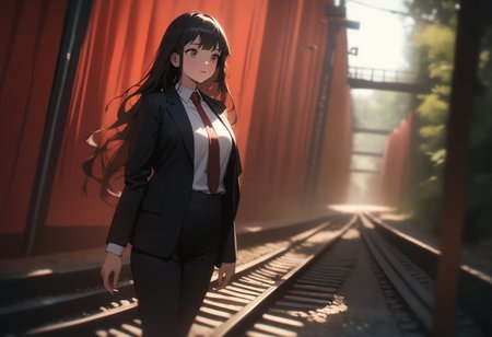1girl, long hair, black hair, brown eyes, formal, business suit, white shirt, necktie, black jacket, black pants, standing, outdoors, railroad tracks, forest, red curtains, scenery, surreal, <lora:Twin Peaks style:1> Twin Peaks style, shallow depth of field, cinematic angle, filmic, (masterpiece), (best quality), (ultra-detailed), very aesthetic, perfect composition, intricate details, absurdres