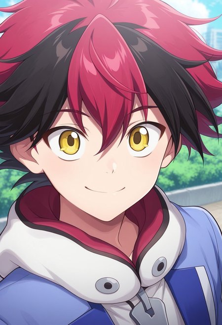 masterpiece,best quality,amazing quality, source_anime,
hiroryuga, 1boy, male focus, solo, yellow eyes, multicolored hair, red hair, black hair, hoodie, white hoodie, hood, jacket, blue jacket, open jacket, smile, outdoor, portrait,