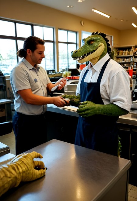 score_9, score_8_up, score_7_up, BREAK, 8k,
cashier, 
(crocodile:1.2), scales, animal focus, (personification:1.2), 
highly detailed,
<lora:add-detail-xl:1>,
<lora:sdxl_lightning_4step_lora:1>,
<lora:Real_Cashier_PDXL_v1:0.75>