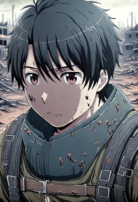 high resolution, solo, best quality, 1Boy, Inaho Kaizuka, Black Hair, shallow depth of field, Post-Apocalyptic, survival, OverallDetail