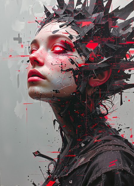 A hyperrealistic portrait of a woman with glowing white eyes. The edges of her face dissolve into cascading fragments of black and red text, as though she is disintegrating into a sea of cryptic data.   Glitch-like patterns - intersecting red lines and distorted code - blend with her skin. She is caught between the physical and digital worlds.   The lighting is cold and minimal, with the white glow of her eyes casting a faint, spectral light onto the fragmented parts of her face. The background is an abyss of dark, fractured digital space, with subtle flashes of red text fragments, enhancing the surreal and haunting atmosphere.   Dutch angle. S1n0z1ck style
