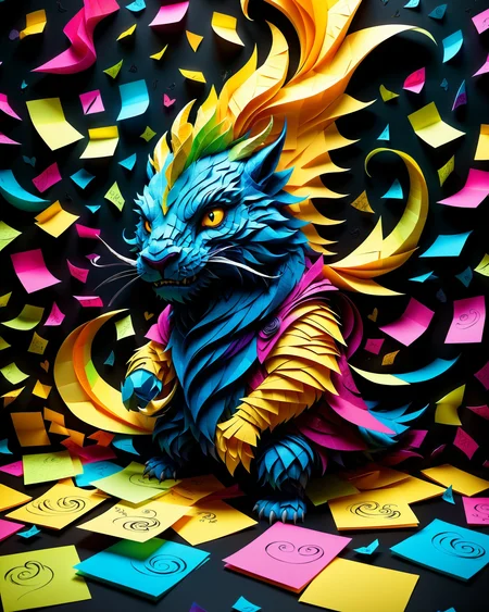 (masterpiece:1.2), (best quality:1.2), highly detailed, realistic texture, sharp details, extremely delicate and beautiful, realistic cg 8k wallpaper
<lora:add-detail-xl:2> <lora:StickyNotesStyle:0.7>  <lora:TQ_-_Paper_Quilling_Art_XL_r1:0.6> (cute:1.2), whimsical, Jed-StickyN, 
 a battle mage conjuring a tornado of sticky notes shaped like mythical creatures, each note shimmering with handwritten runes, dramatic high-contrast lighting, dark fantasy setting