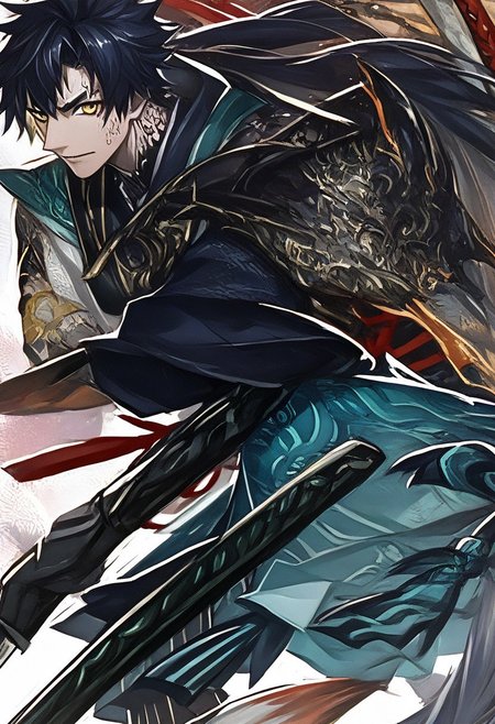 Pale skin, human in a kimono, samurai, seathed katana, golden eyes, black hair, 1boy, tattoos, full-body in frame, colorful scales,